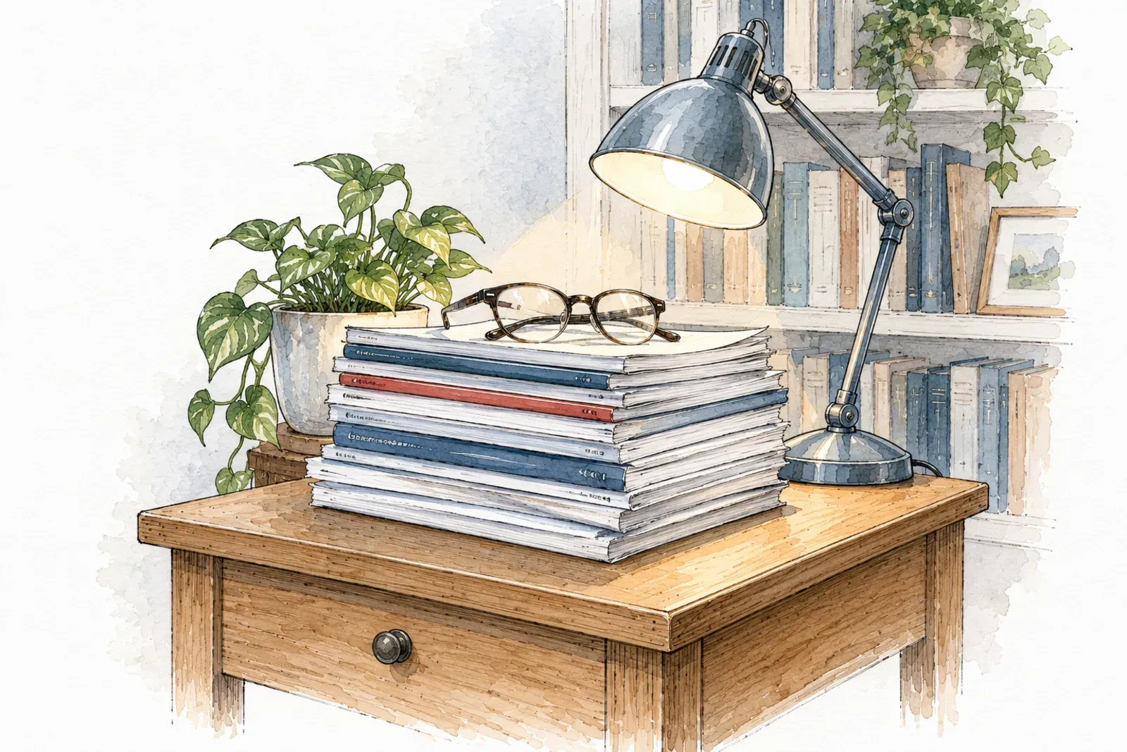 Illustration: ink sketch of a stack of medical journals with reading glasses under a desk lamp, beside a bookshelf.