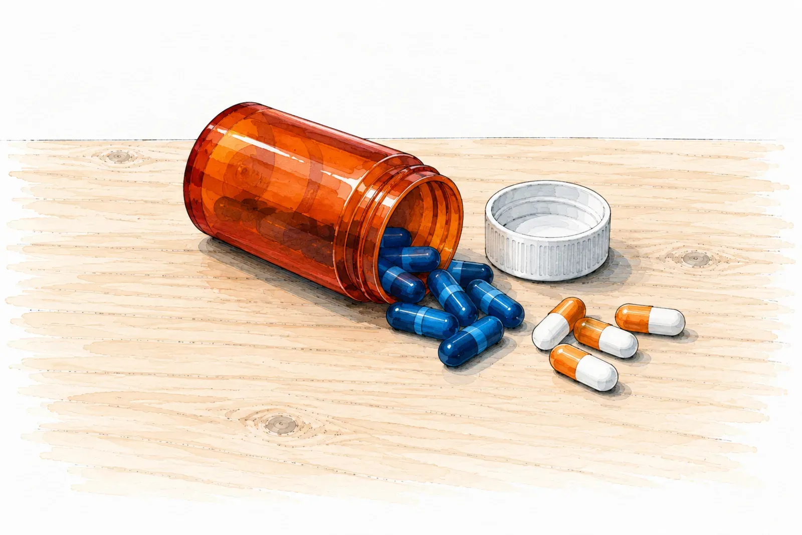 Illustration: ink sketch of an amber pharmacy bottle on its side with blue capsules spilling out, beside orange-and-white capsules.