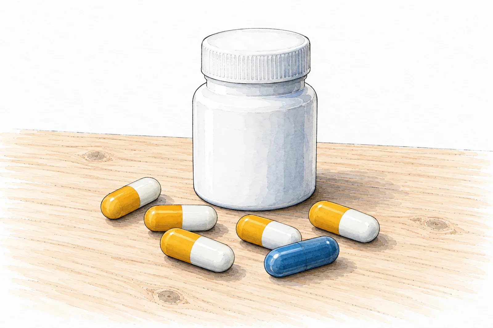 Illustration: ink sketch of gold-and-white atomoxetine capsules and one blue capsule in front of a plain white medicine bottle on a wooden desk.