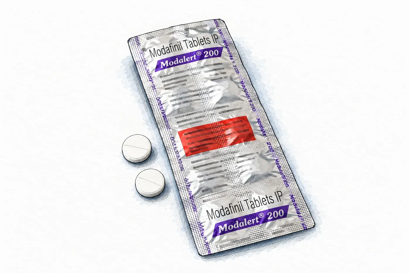 Illustration: ink sketch of a Modalert 200 blister strip with two round white modafinil tablets.
