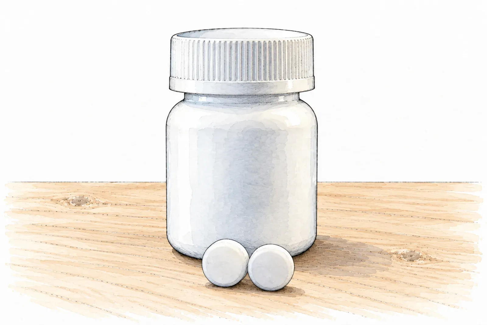 Illustration: ink sketch of a plain white medicine bottle with two round white bupropion tablets in front of it.