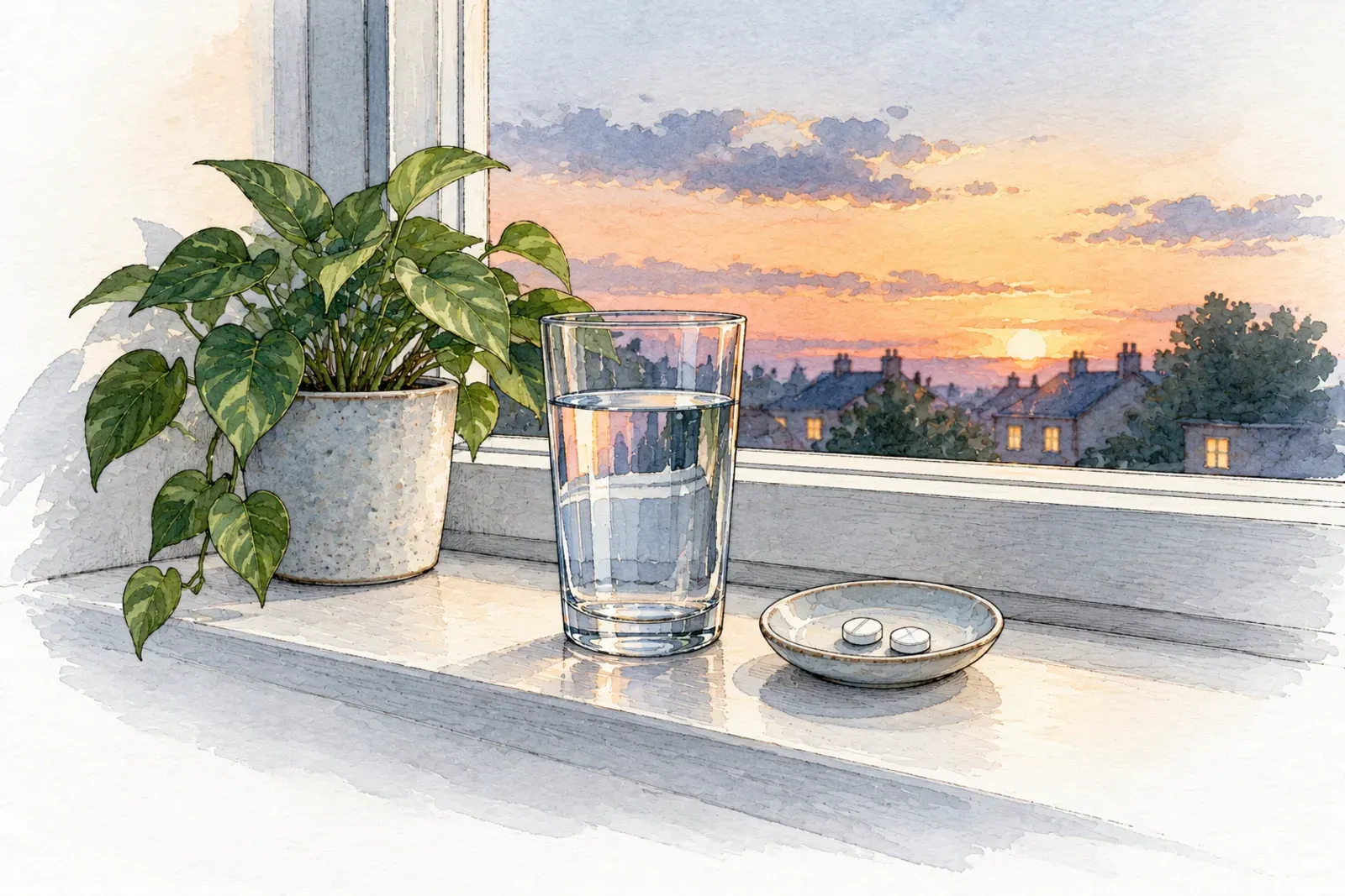 Illustration: ink sketch of a windowsill at dusk with a glass of water, a small dish holding two tablets and a potted plant.