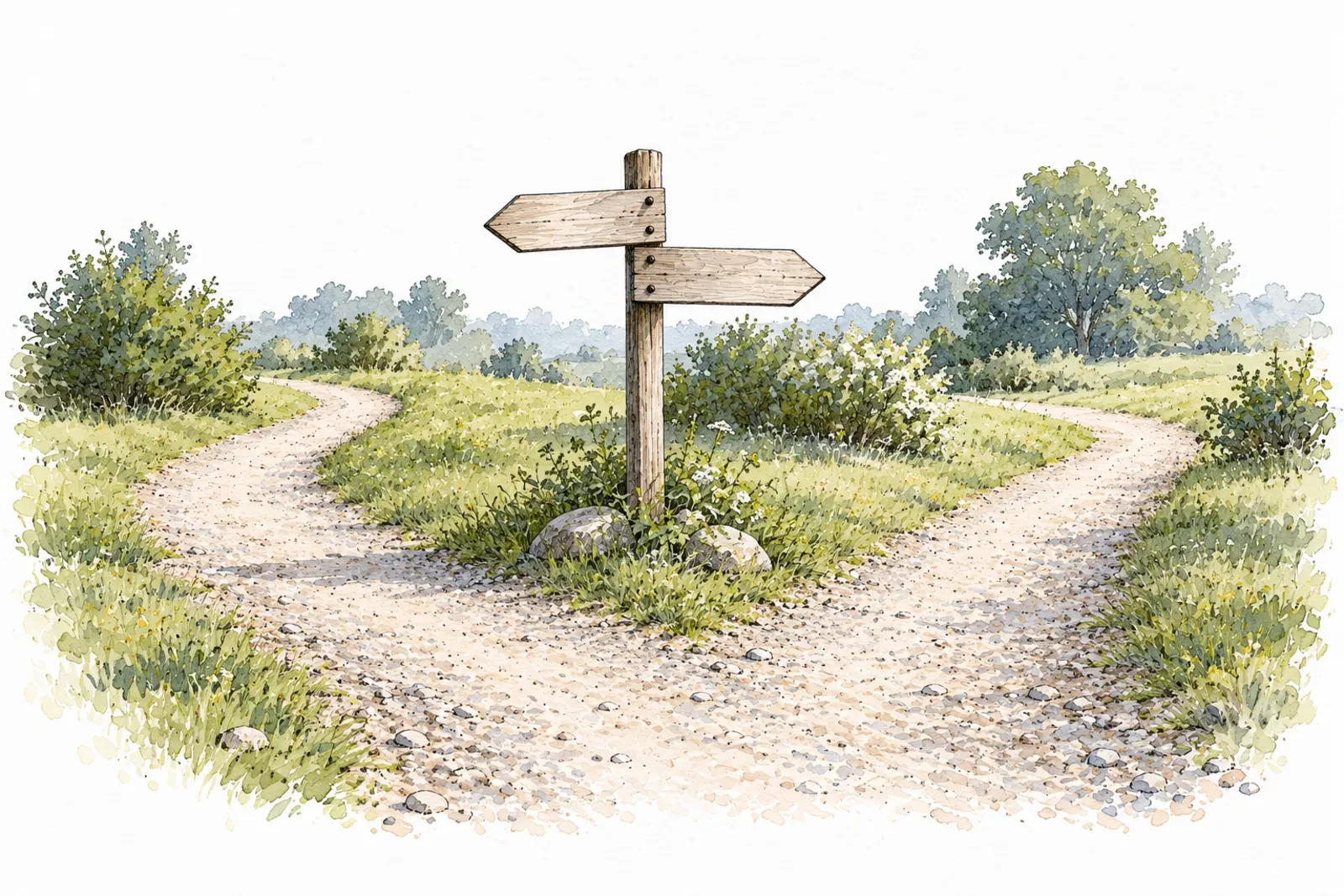 Illustration: ink sketch of a garden path forking in two directions at a wooden signpost with blank arrows.