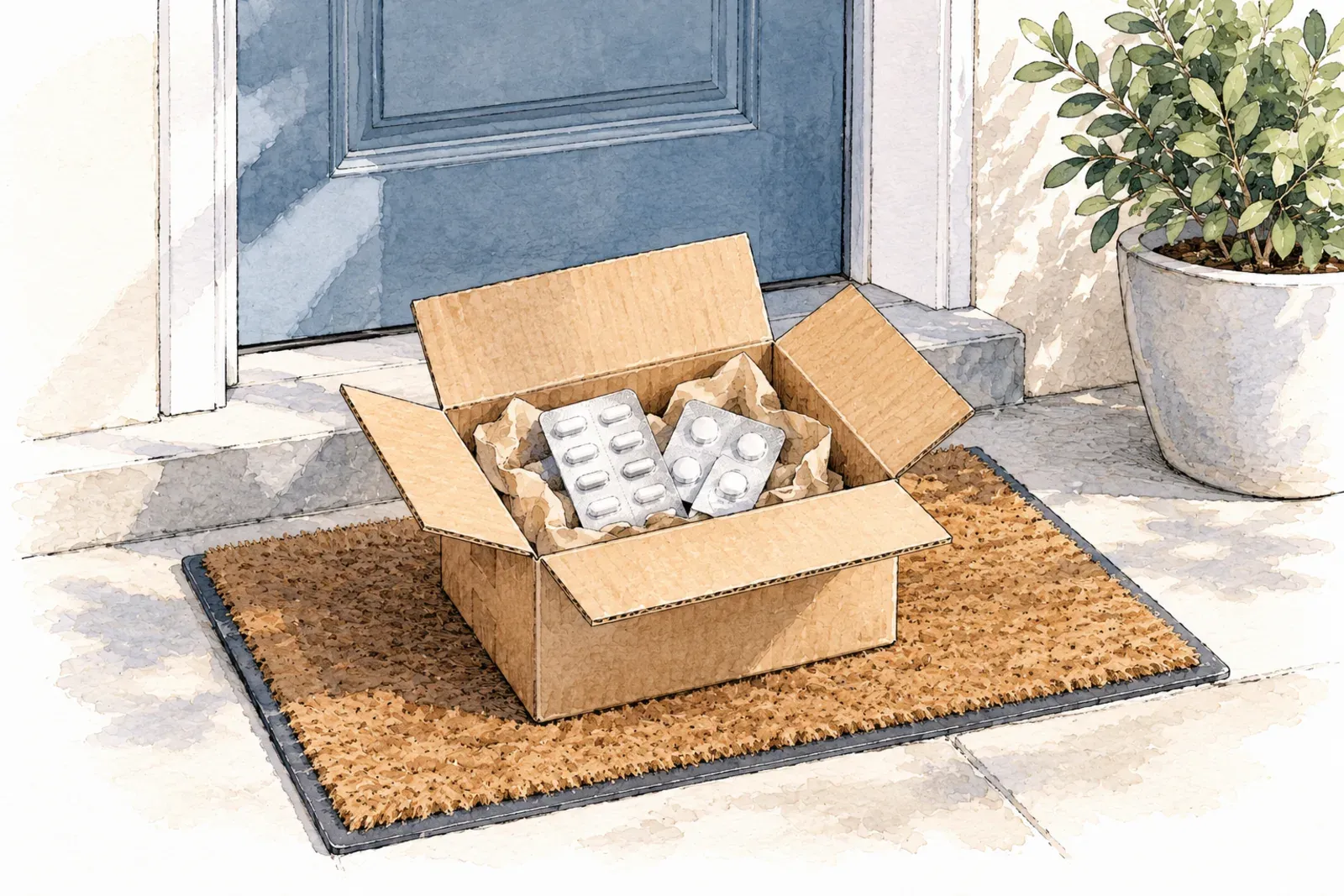 Illustration: ink sketch of an opened parcel on a doormat with foil blister strips inside.